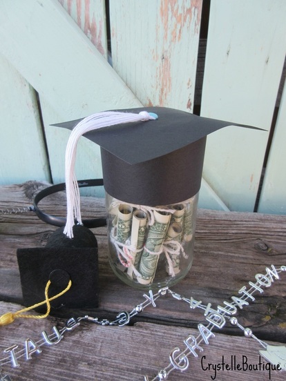 CrystelleBoutique - Graduation Cap Jar - could fill with candy or rolled up dollar bills 