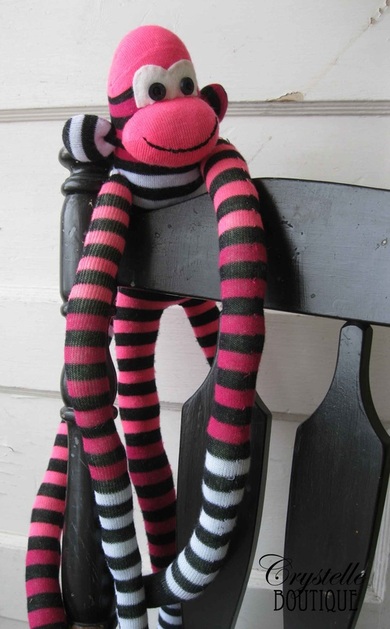 Crystelle boutique - sock monkey with pink stripes