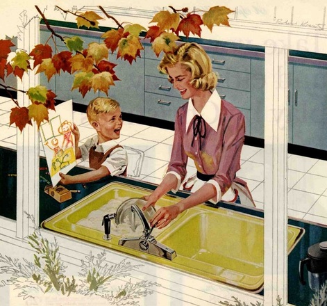 CrystelleBoutique - Vintage Image of mom doing dishes with cute happy son - How to Improve Your Indoor Air Quality and Your Health