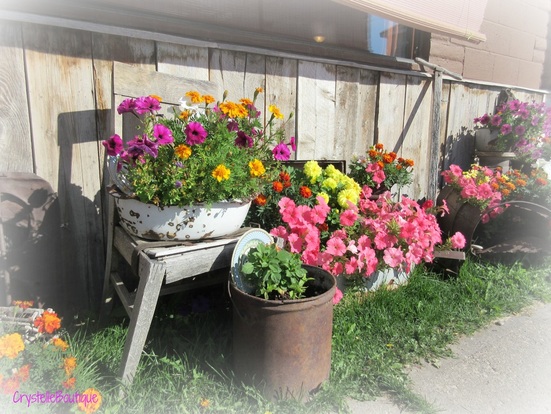 CrystelleBoutique - Every time I drive by the Rusty Lantern Diner, I must take a glance at her fun flowerbeds. I love the big old trunk, filled to the brim with pretty flowers.