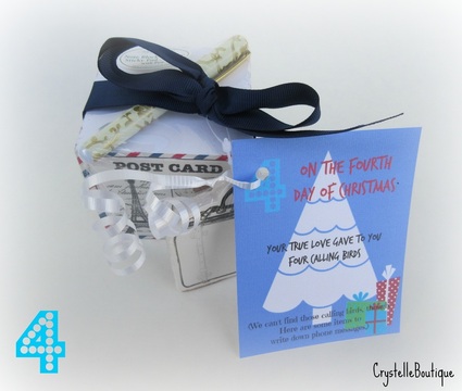 CrystelleBoutique - the 12 days of Christmas - day four - Have the kids drop off the item at the doorstep, ring the door-bell, and run away so as not to get caught. A great Secret Santa idea to welcome the spirit of Christmas. 