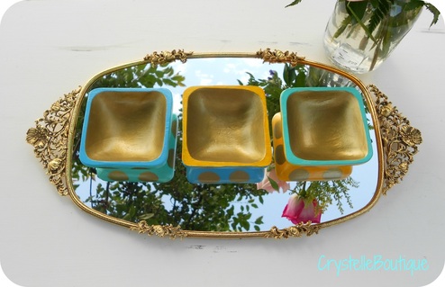 CrystelleBoutique - Three of my favorite colors combined with shiny gold and cheerful polka-dots to up-cycle some small discarded wooden bowls. 