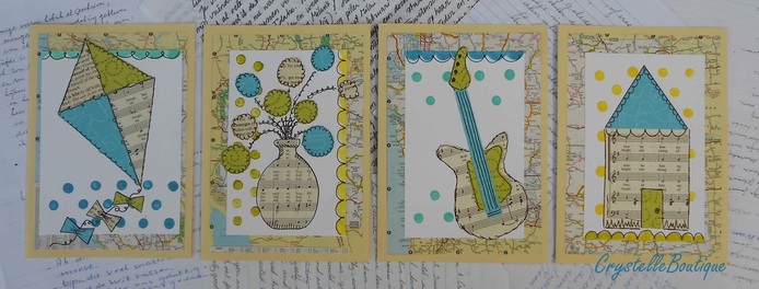vintage paper greeting cards - kite, vase of flowers, guitar, house