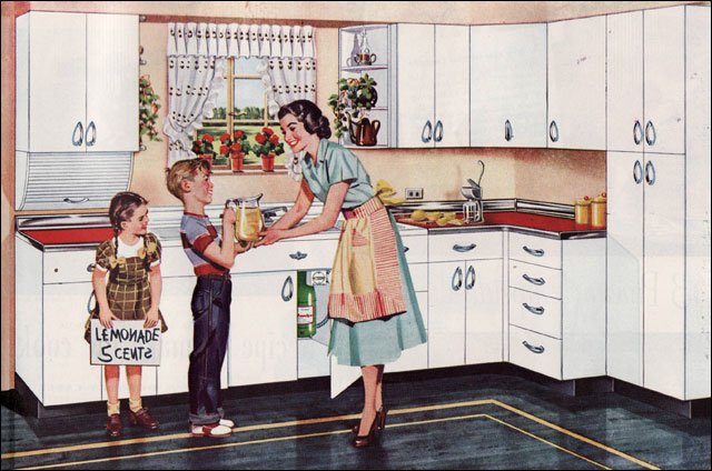 CrystelleBoutique - retro advertising on clean kitchen cabinets