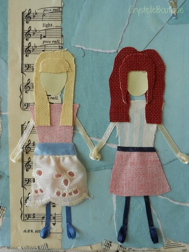 CrystelleBoutique - mixed media - two girl friends - fabirc, paper, mod podge
