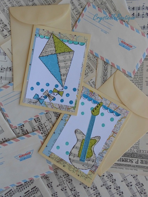 CrystelleBoutique - vintage papers greeting cards - kite and guitar
