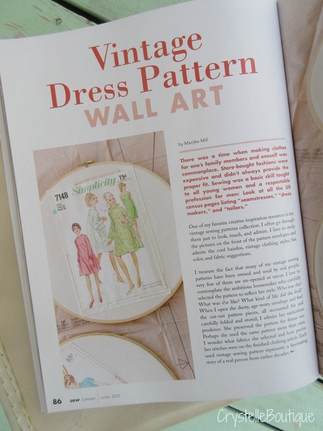 CrystelleBoutique's Vintage Dress Patterns Wall Art Idea was featured in Sew Somerset, Winter, 2015 - pages 86 - 89