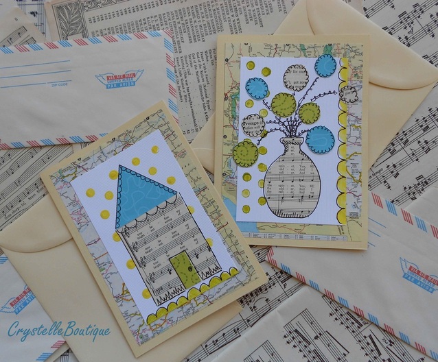 CrystelleBoutique - vintage paper greeting cards - House and vase of flowers