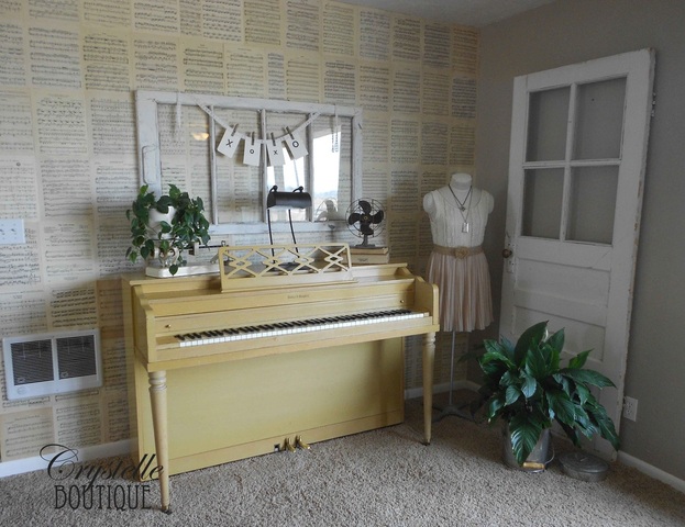 Crystelle boutique - How to wall-paper with vintage music papers